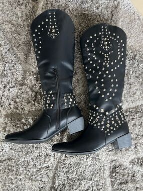 NWOT- Studded Black Knee-High Western Boots - Women